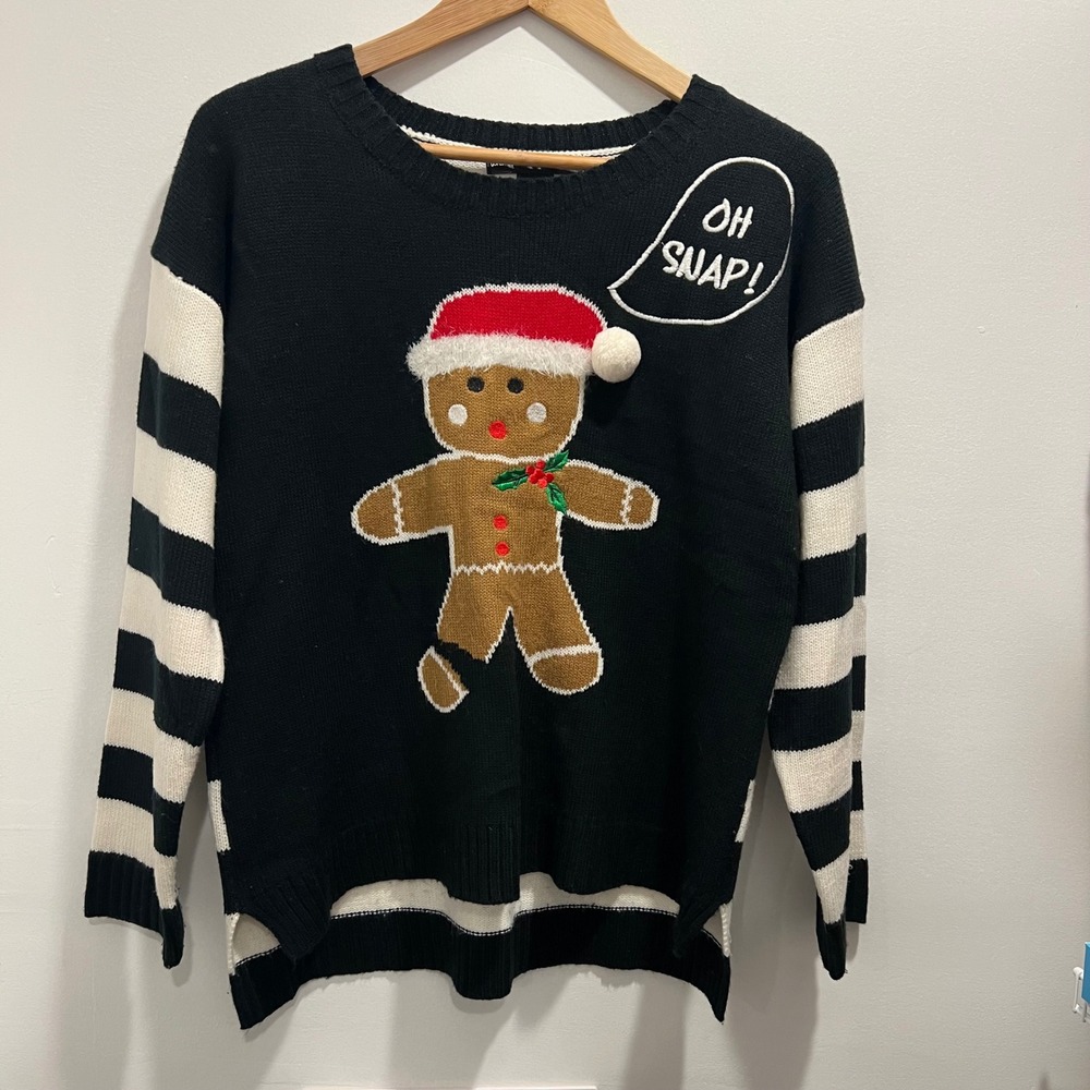 United States Sweater Holiday Gingerbread Oh Snap Christmas Sweater Black Large - Picture 3 of 7
